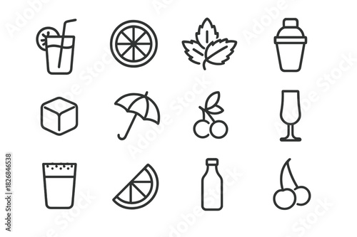 Line Icon Mocktails. Mocktails. Line icon set of Mocktails: glass with straw, citrus slice, mint leaf, shaker, ice cube, umbrella, berry, tall glass, cherry,