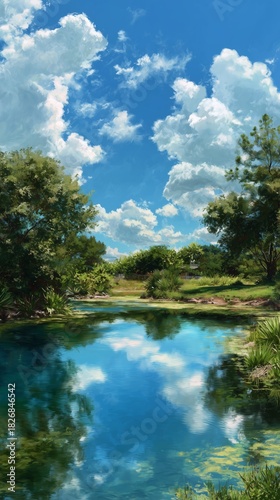 Serene Landscape View of a Vibrant Green Lake Under a Bright Blue Sky With Fl...