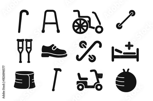 Elderly Care Icons. Elderly care. Solid icon set of Elderly care: walking cane, walker, wheelchair, handrail, crutches, orthopedic shoe, grab bar, hospital
