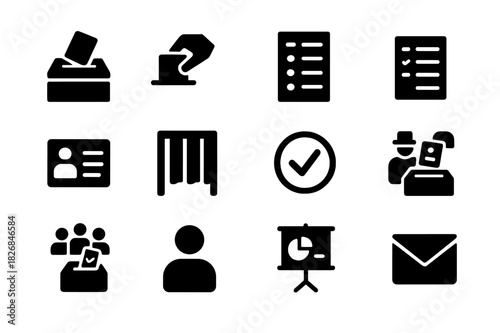 Election Icon Set. Election process. Solid icon set of Election process: ballot box, hand casting vote, voting paper, tally sheet, voter ID, booth, checkmark,