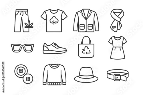 Conscious Wardrobe Icons. Conscious wardrobe. Line icon set of Conscious wardrobe: hemp pants, organic cotton shirt, upcycled jacket, plant-dyed scarf, bamboo