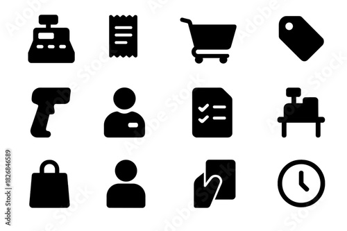 Store Operations Icons. Store operations. Solid icon set of Store operations: cash register, receipt, shopping cart, price tag, barcode scanner, staff figure,