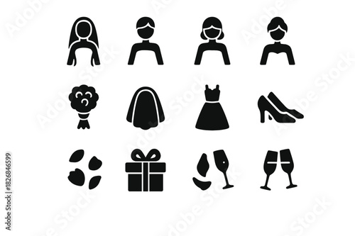 Bridesmaids Icon Set. Bridesmaids gathering. Solid icon set of Bridesmaids gathering: bride, bridesmaid , bridesmaid , bridesmaid , bridesmaid , bouquet, veil,
