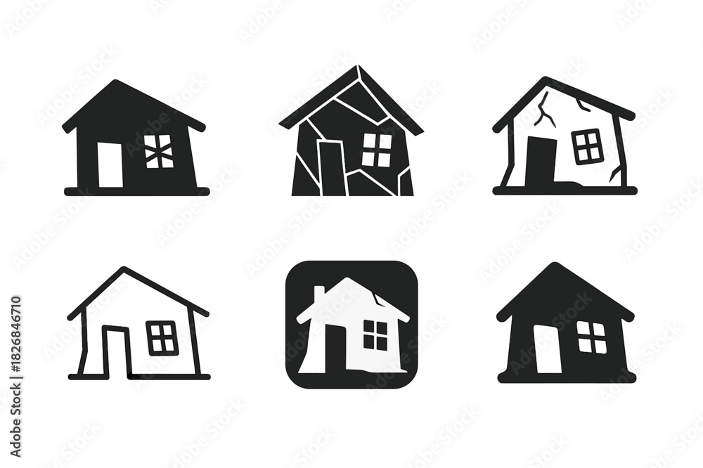 Fototapeta premium Abandoned House Logos. Dilapidated house with no sign of life. Icon set. Set Logo of abandoned home: sagging structure. harmonious logo variations of the same