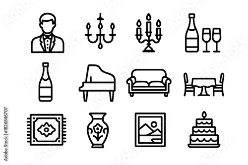 Elegant Gathering Icons. Elegant Gathering. Line icon set of Elegant Gathering: formal attire, chandelier, candelabra, wine glasses, champagne bottle, grand
