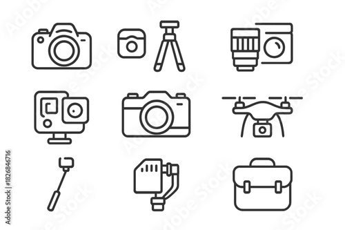 Camera Icon Set. Camera & Photography. Line icon set of Camera & Photography: DSLR camera, mirrorless camera, tripod, camera lens, action camera, film camera,