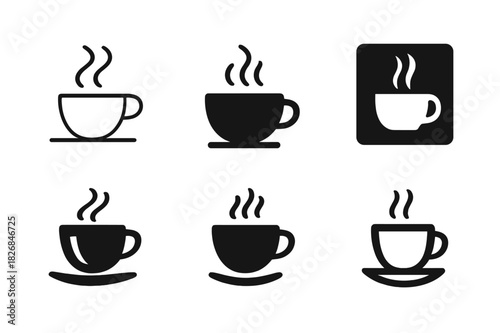 Cafe Logo Variations. Cafe. Icon set. Set Logo of Cafe: steaming coffee cup. harmonious logo variations of the same emblematic concept, each with different