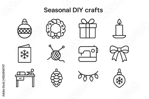 Seasonal DIY Icon Set. Seasonal DIY crafts. Line icon set of Seasonal DIY crafts: ornament ball, wreath, gift box, candle, holiday card, knitting needles,