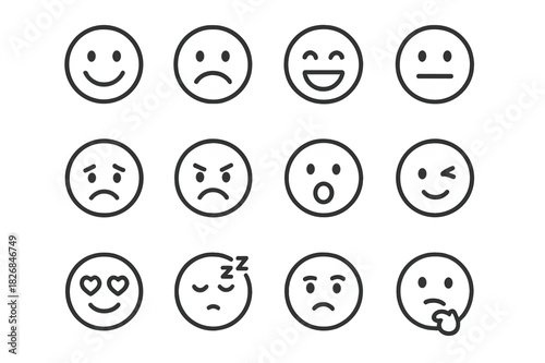 Facial Expression Icons. Facial expressions. Line icon set of facial expressions: smile, frown, laugh, neutral face, cry, angry face, surprised face, wink,