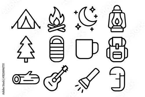 Outdoor Camping Icons. Outdoor camp nights. Line icon set of outdoor camp nights: tent, campfire, moon, stars, lantern, tree, sleeping bag, mug, backpack, log,