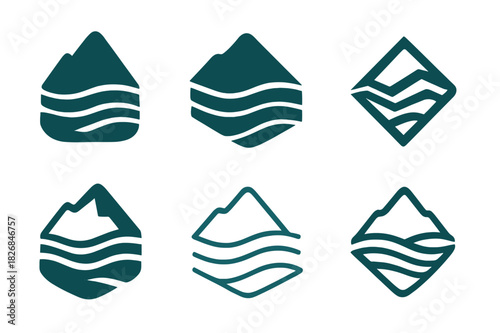 Geologist Icon Variations. Geologist. Icon set. Set Logo of geologist: mountain and stratification layers. harmonious logo variations of the same emblematic