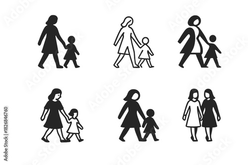Mother-Child Logo Variations. mother and child walk. Icon set. Set Logo of mother and child walk: shared walk rhythm. harmonious logo variations of the same