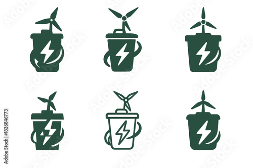 Waste-to-Energy Icons. renewable energy generation from waste. Icon set. Set Logo of renewable energy generation from waste: trash-to-power