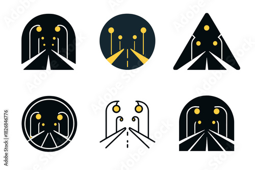 Night Streetlight Logos. Streetlights at night. Icon set. Set Logo of streetlights: night road with aligned lights. harmonious logo variations of the same