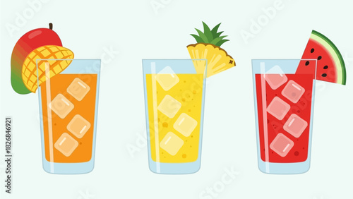 Refreshing tropical fruit juices with ice cubes and garnishes in clear glasses, presented on a light blue background