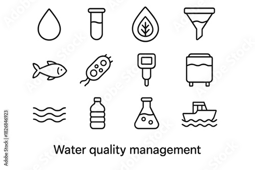 Water Management Icons. Water quality management. Line icon set of water quality management: droplet, test tube, leaf, filter, fish, algae cell, pH meter,