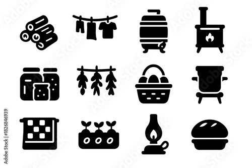 Homestead Living Icons. Homestead living. Solid icon set of Homestead living: firewood stack, clothesline, rain barrel, wood stove, canned goods, drying herbs,