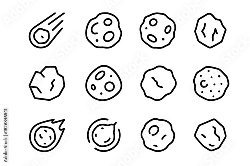 Space Rocks Icons. Space rocks. Line icon set of space rocks: meteorite, asteroid, small rocky body, jagged rock, cratered stone, floating rock, cosmic