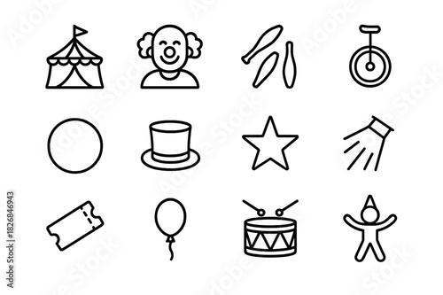 Circus Icon Set. Circus performance. Line icon set of circus performance: tent, clown, juggling clubs, unicycle, ring, hat, star, spotlight, ticket, balloon,