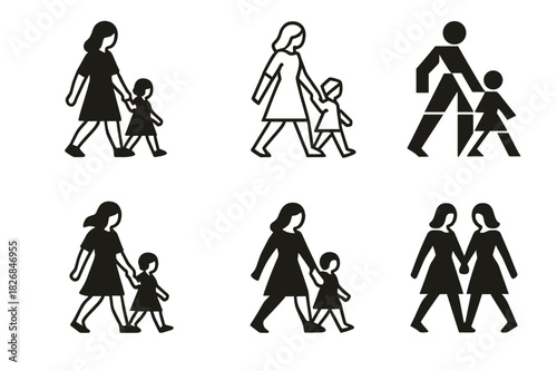 Mother-Child Logo Variations. mother and child walk. Icon set. Set Logo of mother and child walk: shared walk rhythm. harmonious logo variations of the same