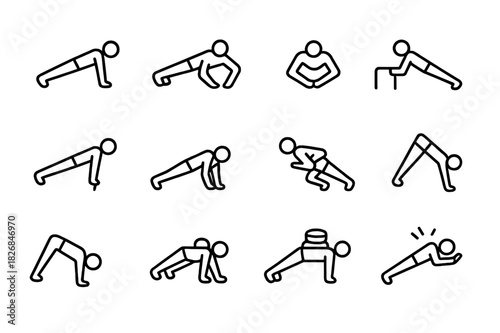 Push-Up Icon Set. Push-Up Variety. Line icon set of Push-Up Variety: standard push-up, wide-arm push-up, diamond push-up, incline push-up, decline push-up,