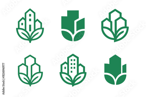 Green Innovation Logos. Green innovation. Icon set. Set Logo of green innovation: Smart city with greenery. harmonious logo variations of the same emblematic