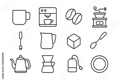 Coffee Icon Set. Coffee preparation. Line icon set of Coffee preparation: coffee mug, espresso machine, coffee beans, grinder, frother, milk jug, sugar cube,