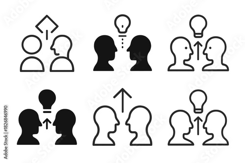 Diverse Teaching Icons. Teaching moment. Icon set. Set Logo of teaching moment: Idea transfer between heads. harmonious logo variations of the same emblematic