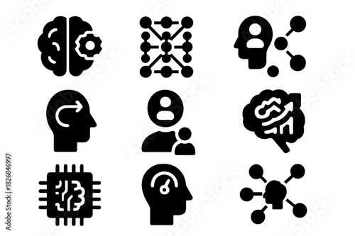 Cognitive Evolution Icons. Cognitive evolution. Solid icon set of Cognitive evolution: AI brain stages, neural network layers, learning nodes, thought flow,