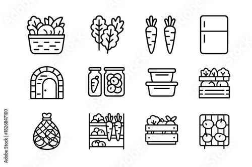 Organized Vegetable Icons. Organized Vegetables. Line icon set of Organized Vegetables: basket of vegetables, leafy greens, carrots, refrigerator, root cellar,