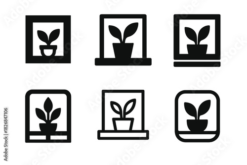 Indoor Plant Logo Icons. placing indoor plants around the house. Icon set. Set Logo of placing indoor plants around the house: plants by windowsill. harmonious