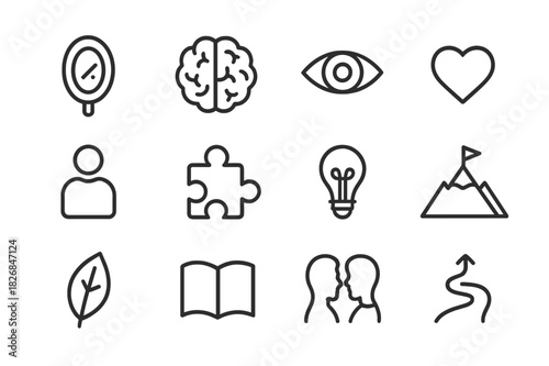 Self-Awareness Icons. Self-awareness in leadership. Line icon set of self-awareness in leadership: mirror, brain, eye, heart, person, puzzle piece, lightbulb,