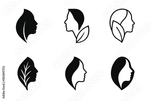 Skin Care Icons. skin care. Icon set. Set Logo of skin care: leaf and face. harmonious logo variations of the same emblematic concept, each with different