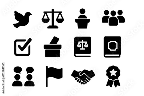 Democratic Principles Icons. Democratic principles. Solid icon set of Democratic principles: freedom icon, equality scales, speech podium, citizen group, vote