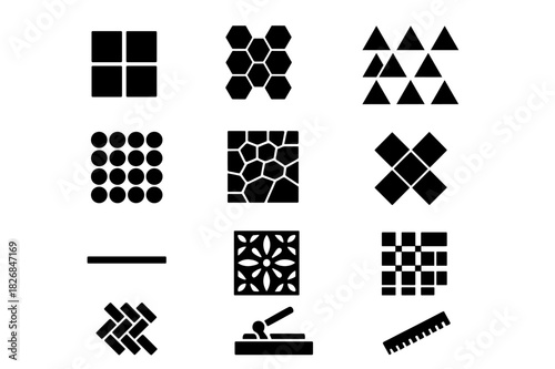 Tile Pattern Icons. Tile patterns. Solid icon set of Tile patterns: square tile, hexagon tile, triangle tile, circle tile, mosaic tile, diamond tile, grout