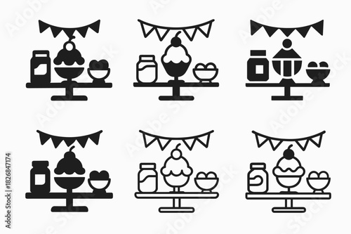 Ice Cream Sundae Icons. setting up an ice cream sundae bar. Icon set. Set Logo of setting up an ice cream sundae bar: playful sundae night setup. harmonious