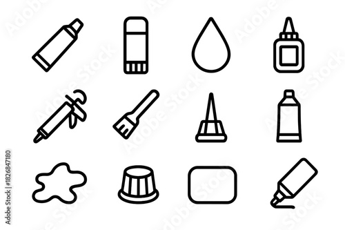 Crafting Adhesives Icons. Crafting adhesives. Line icon set of Crafting adhesives: glue tube, glue stick, glue drop, adhesive bottle, caulking gun, glue brush,