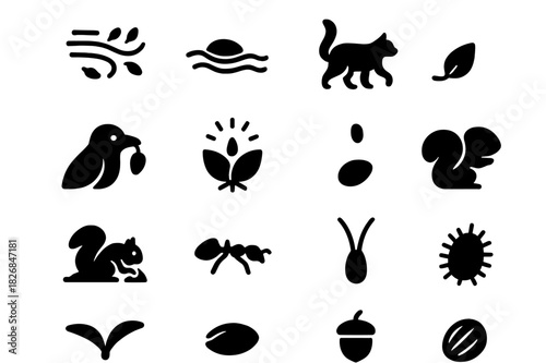 Seed Dispersal Icons. Seed dispersal. Solid icon set of Seed dispersal: wind, water, animal fur, bird, exploding pod, gravity, squirrel burying, ant carrying,