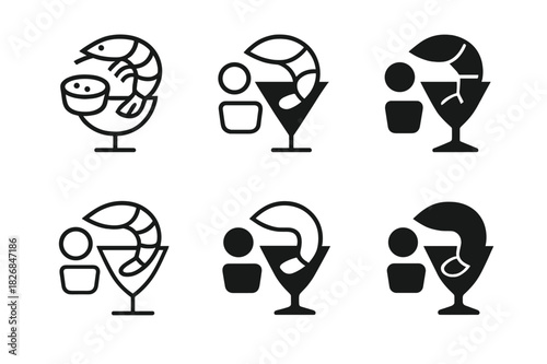 Appetizer Logo Icons. delicious appetizers. Icon set. Set Logo of delicious appetizers: shrimp cocktail and dipping sauces. harmonious logo variations of the