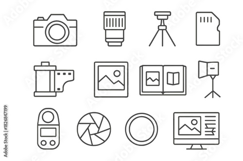 Artistic Camera Icons. Artistic camera gear. Line icon set of Artistic camera gear: camera, lens, tripod, memory card, film roll, photo frame, photo album,