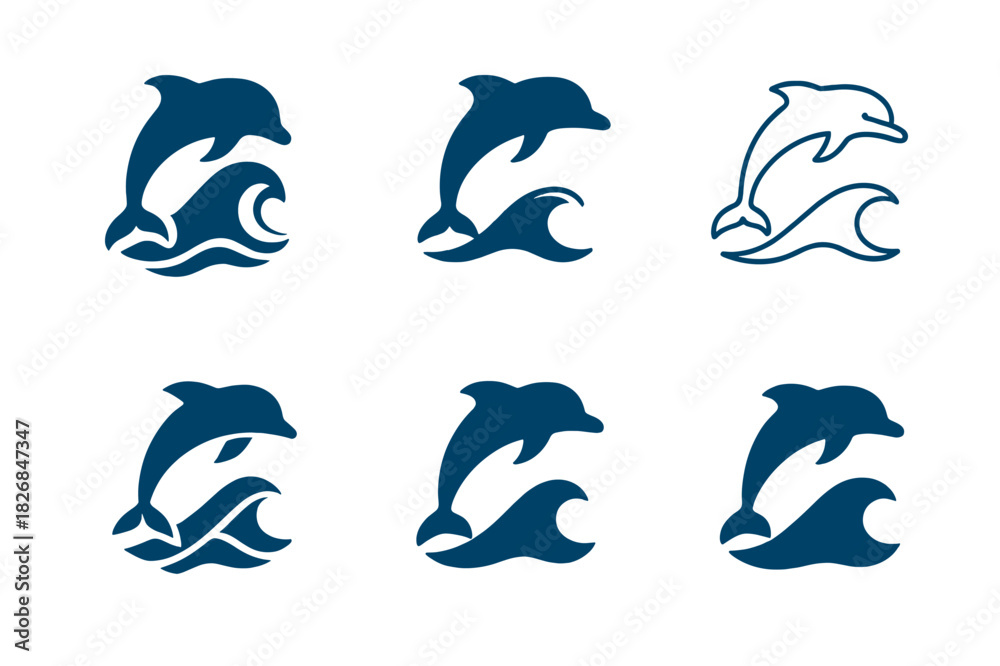 Fototapeta premium Dolphin Logo Variations. Oceans. Icon set. Set Logo of Oceans: Dolphin. harmonious logo variations of the same emblematic concept, each with different artistic