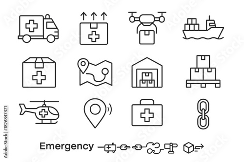 Emergency Logistics Icons. Emergency Logistics. Line icon set of Emergency Logistics: ambulance truck, relief package, drone delivery, cargo ship, emergency