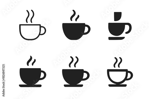Cafe Logo Variations. Cafe. Icon set. Set Logo of Cafe: steaming coffee cup. harmonious logo variations of the same emblematic concept, each with different