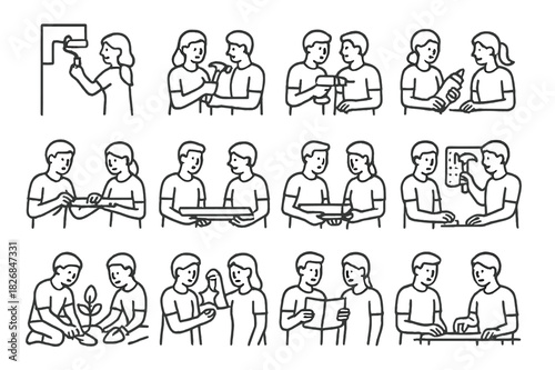 Family DIY Icon Set. Family DIY Projects. Line icon set of Family DIY Projects: parents painting wall, parents hammering nails, parents drilling, parents