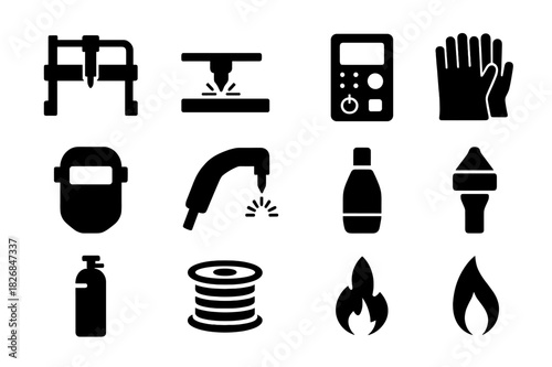 Industrial Plasma Icons. Industrial plasma. Solid icon set of Industrial plasma: cutting machine, metal sheet, sparks, control panel, protective gloves, mask,