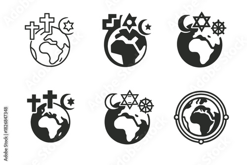 Religion and Culture Icons. The role of religion in shaping cultures. Icon set. Set Logo of religion and culture: world with faith symbols. harmonious logo