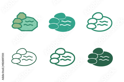 Garden Pond Logos. Outdoor landscaping design and installation. Icon set. Set Logo of outdoor landscaping design and installation: Garden pond with stones.