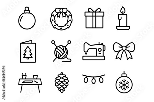 Seasonal DIY Icon Set. Seasonal DIY crafts. Line icon set of Seasonal DIY crafts: ornament ball, wreath, gift box, candle, holiday card, knitting needles,