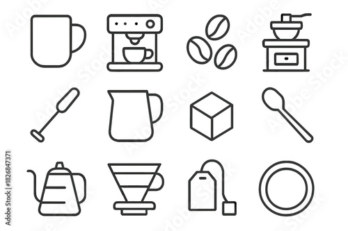 Coffee Icon Set. Coffee preparation. Line icon set of Coffee preparation: coffee mug, espresso machine, coffee beans, grinder, frother, milk jug, sugar cube,