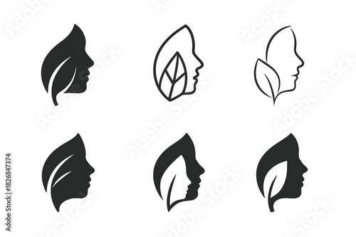 Skin Care Icons. skin care. Icon set. Set Logo of skin care: leaf and face. harmonious logo variations of the same emblematic concept, each with different